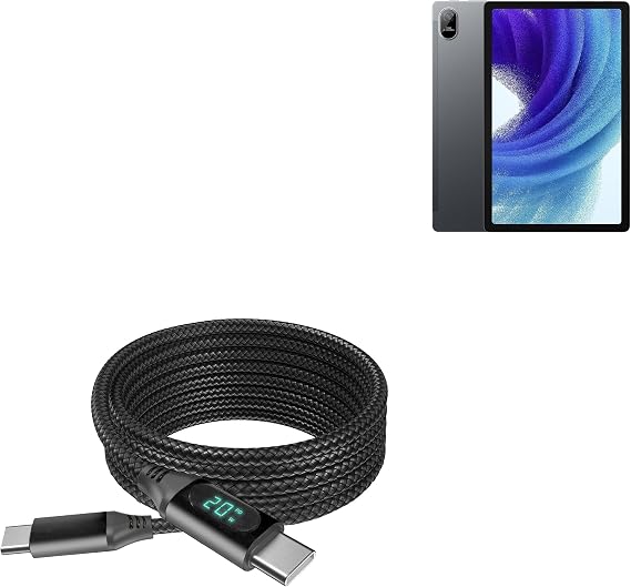 BoxWave Cable Compatible with Oscal Pad 15 - PowerDisplay PD Cable (6ft) - USB-C to USB-C (100W), LED Wattage Info Extra Long Braided Nylon - Jet Black