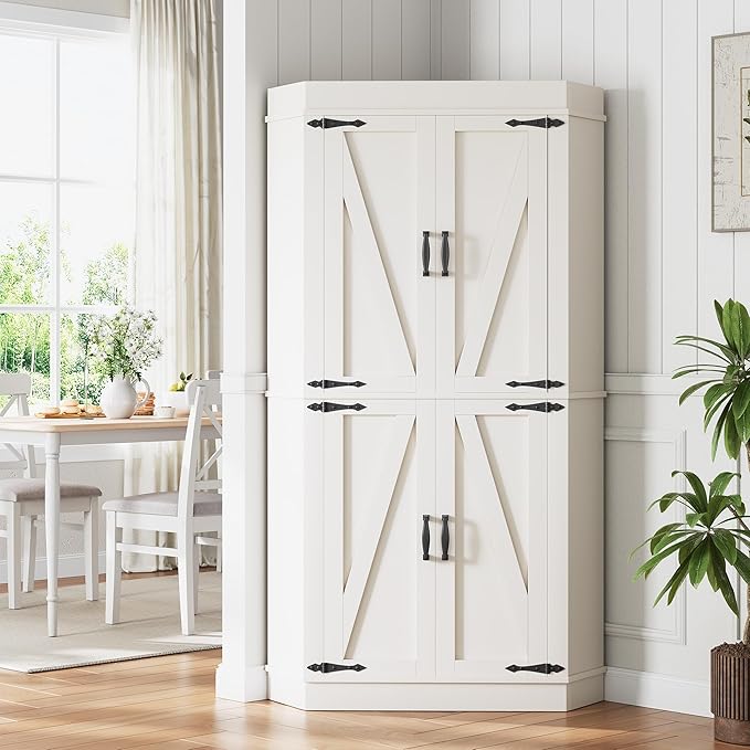 Corner Cabinet,71'' Kitchen Pantry Storage Cabinet with 4 Doors and Shelves, Tall Food Pantry Storage Cabinet Farmhouse Furniture for Kitchen Dining Room, White