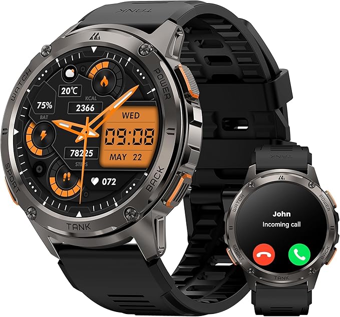 AMAZTIM Smart Watches for Men,60 Days Extra-Long Battery, Rugged Military Bluetooth Call(Answer/Dial Calls),1.43" Ultra HD AMOLED Display,Full Metal Body SmartWatch Compatible iPhone and Android