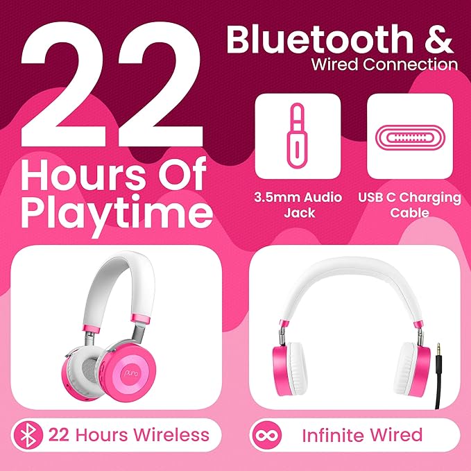 Puro Sound Labs Bluetooth Headphones for Kids - Volume-Limited, Adjustable On-Ear Design, 22-Hour Battery Life - Wireless Headphones for Tablets, Smartphones & PCs – JuniorJam Plus, Blue & Pink