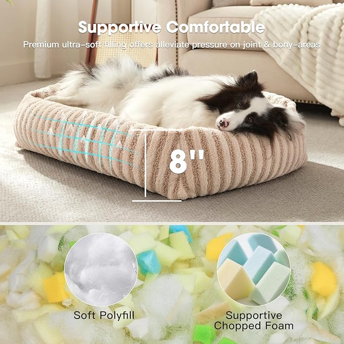 MIXJOY Dog Beds Large Sized Dogs, Washable Dog Bed with Removable Cover, Soft Rectangle Dogs Ded Fluffy Plush Faux Fur Pet Bed with Anti-Slip Bottom, 36"x27"x8", Beige