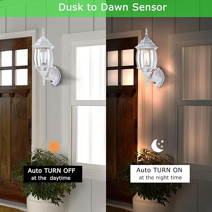 2 Pack 16.8in White Porch Lights Dusk to Dawn, Sensor Wall Sconce White Outdoor Light Fixture for House, Dusk to Dawn Exterior Wall Light for Porch Front Door Garage, E26