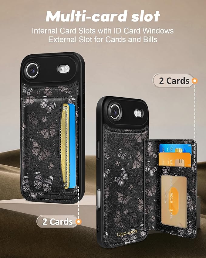 for iPhone 17 Air Case with Wallet - Fits 4 Card Slots,Compatible with MagSafe for Women Aesthetic Durable PU Leather Credit Card Holder Kickstand Phone Cover for Apple 17 Air, Black Butterfly