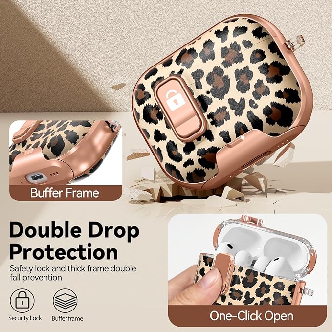 for AirPods Pro 3 Case 2025, with Safty Lock & Phone Stand for Floral AirPods Pro 3 Generation Case Cover for Women Girly, iPod Pro 3 Case with Keychain & Cleaner Kit - Leopard Print