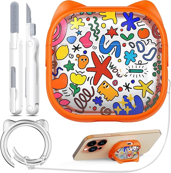 RFUNGUANGO AirPods 4 Case for Women Girly Cat Case with Lock, Phone Stand, Keychain & Cleaner Kit, Compatible with Apple Airpods 4th Generation Case Cover, Orange Graffiti