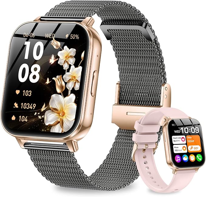 Smart Watch for Women, 1.83" HD Touch Screen Smartwatch, 1000mAh Battery, Bluetooth Calling, Heart Rate, SpO2, Sleep Monitor, 120+ Sports, IP68 Waterproof, 2 Bands Compatible iPhone Android, BlackGold