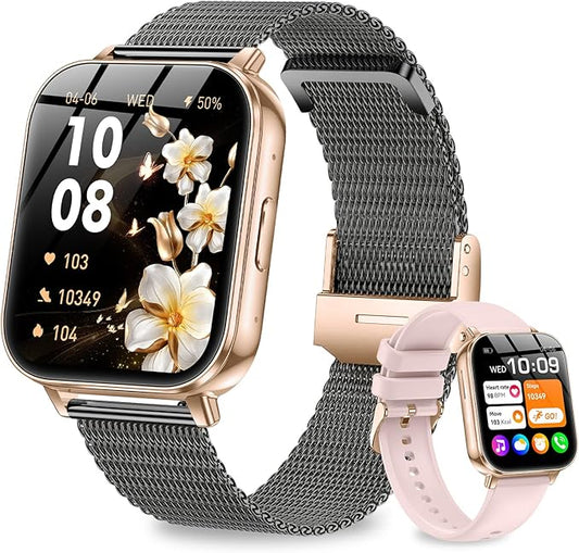 Smart Watch for Women, 1.83" HD Touch Screen Smartwatch, 1000mAh Battery, Bluetooth Calling, Heart Rate, SpO2, Sleep Monitor, 120+ Sports, IP68 Waterproof, 2 Bands Compatible iPhone Android, BlackGold