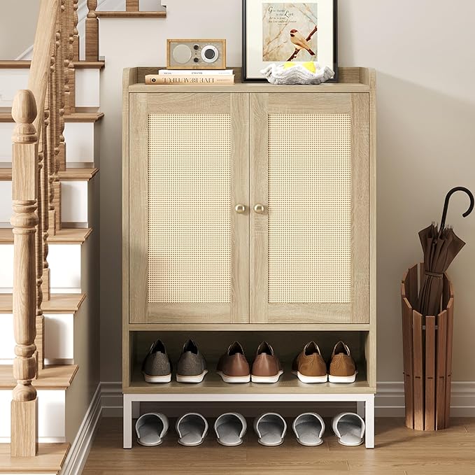 JASIWAY Rattan Shoe Cabinet Storage for Entryway, Shoe Cabinet with Adjustable Shelves for Entryway, 5-Tier, 20 Pair Shoe Rack Storage for Hallway, Closet, Living Room, Natural