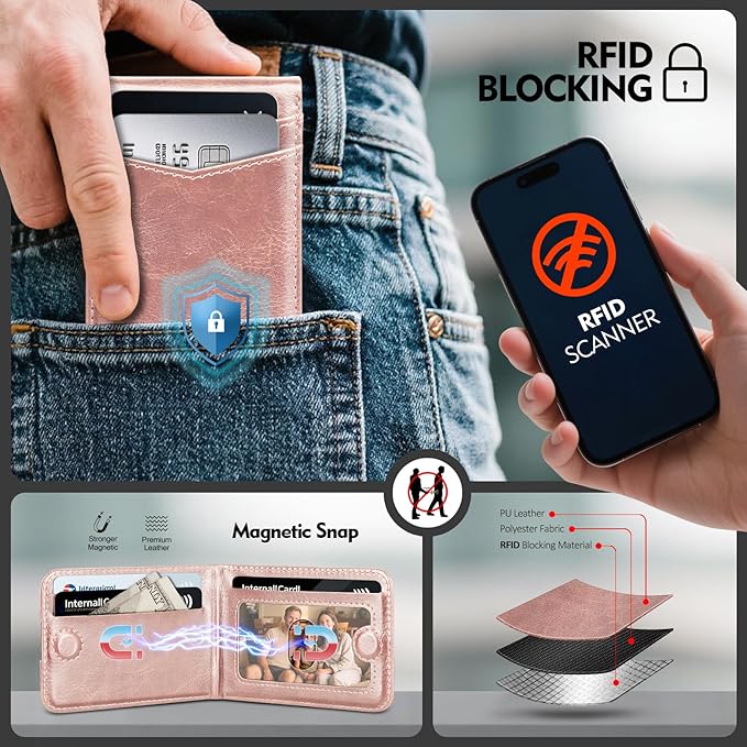 Compatible with Magsafe Case with Card Holder for Men Women Magnetic Ultra-Thin Wallet Bracket Adjustable Bracket for iPhone 17/16/15/14/13/12 Pro/Pro Max/PlusSeries,Rose Gold
