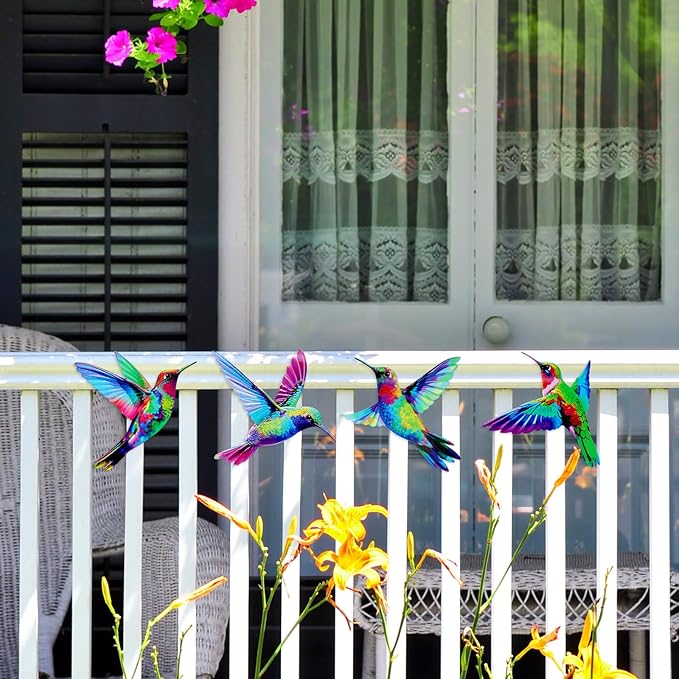 4 Pcs Metal Wall Art, Wall Decor for Bedroom, Rustic Hummingbirds Hanging Decorations for Garden Living Room Balcony Patio Fence Indoor Outdoor, 8.66L x 8.26W