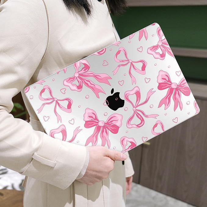 MEEgoodo for MacBook Air 13.3 inch Case 2021 2020 2019 2018 A2337 M1 A2179 A1932, Laptop Shell for MacBook Air M1 with Keyboard Webcam Cover & Trackpad Film & Type C Adapter,Pink Bow & Rainbow Striped