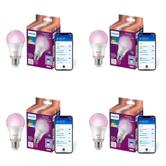 PHILIPS Smart 100W A19 LED Light Bulbs 4-Pack - Connects to Your Wi-Fi - E26 - Control with Voice or App + Activate with Motion - Matter Compatible