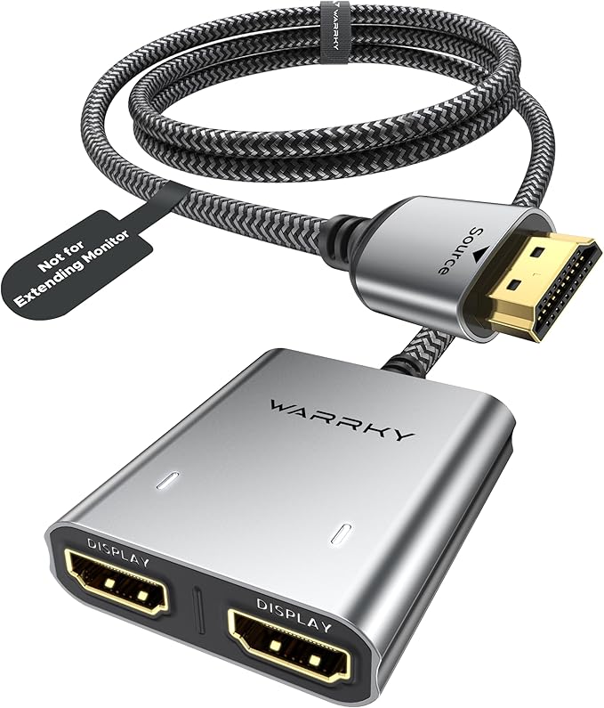 Warrky HDMI Splitter 4K, Display Mirror Same Screen Only (Not Extend Screen), HDMI Splitter 1 in 2 Out [USB-C Powered, Metal Shell, 3.3 Ft Braided Cable], 1x2 for Dual Monitors, Grey-4K UHD