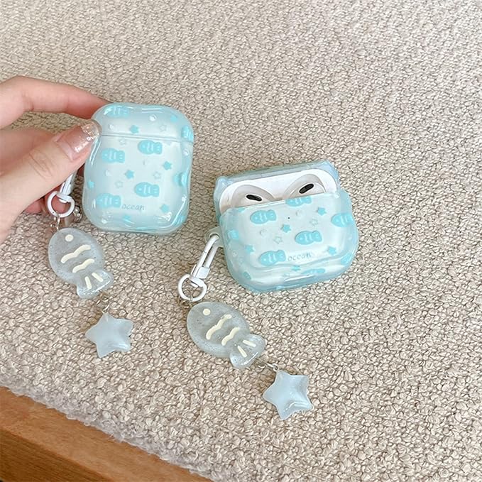 Compatible with AirPods 3rd Generation Case Soft TPU with Cleaner Kit Creative Cartoon Fish Star Keychain Shockproof Cover for Airpods 3-Water Blue