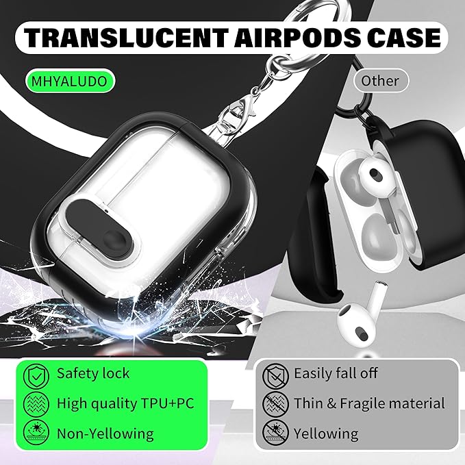 for Airpods Pro 2nd Generation Case with Secure Lock, Compatible with Airpods Pro 2nd/1st Gen, Clear TPU Transparent Military Grade Shockproof Case. Black