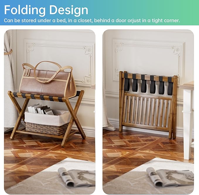 SMIBUY Luggage Rack, Foldable Bamboo Suitcase Stand with Storage Shelf for Guest Room, Bedroom, Hotel, Heavy-Duty, 1 Pack (Walnut)