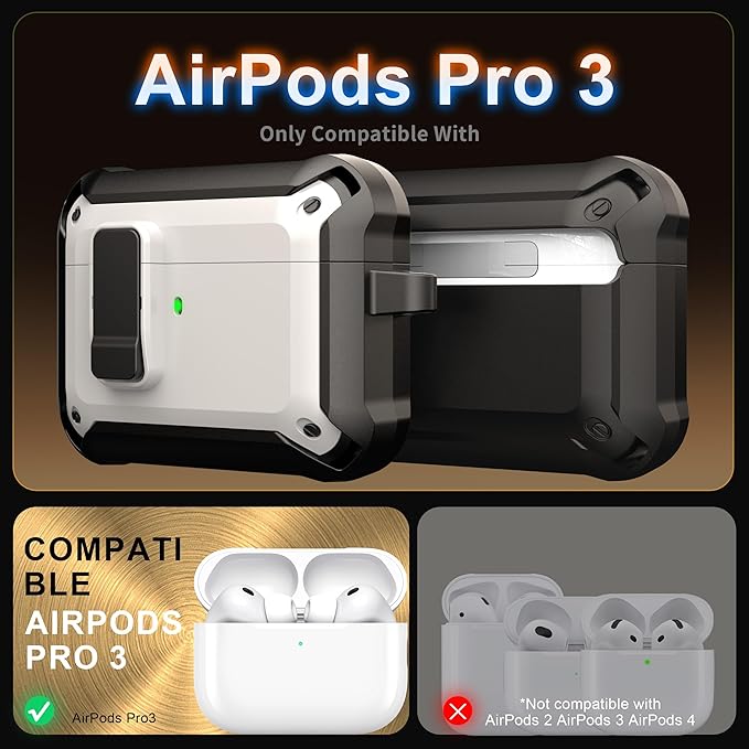 RFUNGUANGO AirPods Pro 3 Case (2025) with Safety Lock and Automatic Pop-up, Compatible with Airpods Pro 3rd Generation Case, Magnetic Lid, Compatible MagSafe, Hard Shockproof Protective Case, White