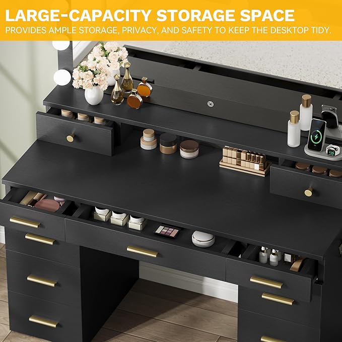 YITAHOME Large Vanity Desk with Mirror and Lights, Big Makeup Vanity with Power Outlets & 11 Drawers, 3 Lighting Modes Adjustable Bedroom Dressing Table for Bedroom, Dressing Room, Black