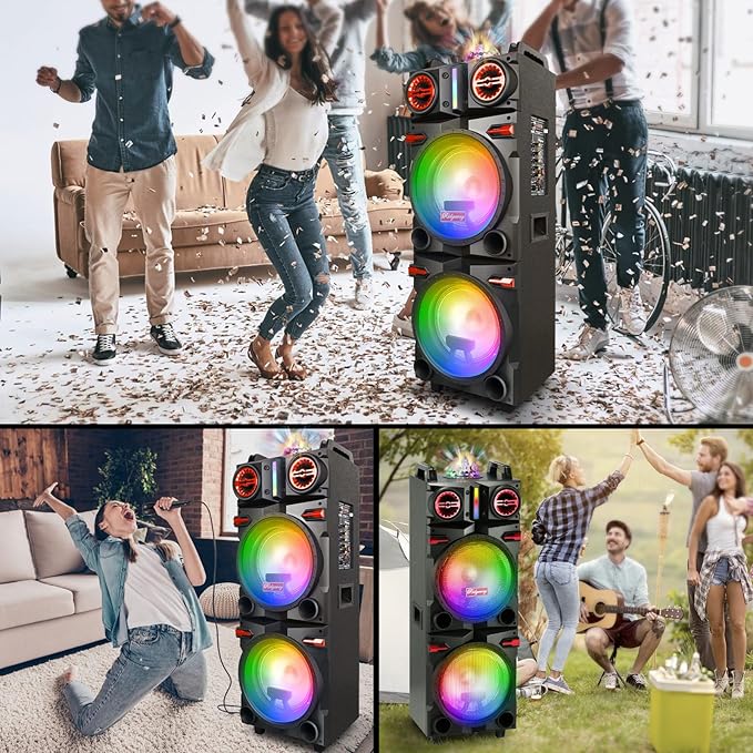Portable Party Wireless Bluetooth Speaker with Dual 10" Subwoofer, 80W Rechargeable PA System with Bass/Treble, Wired Microphone, Flashing Light, TWS, FM, REC, Telescopic Pull Rod, Wheels