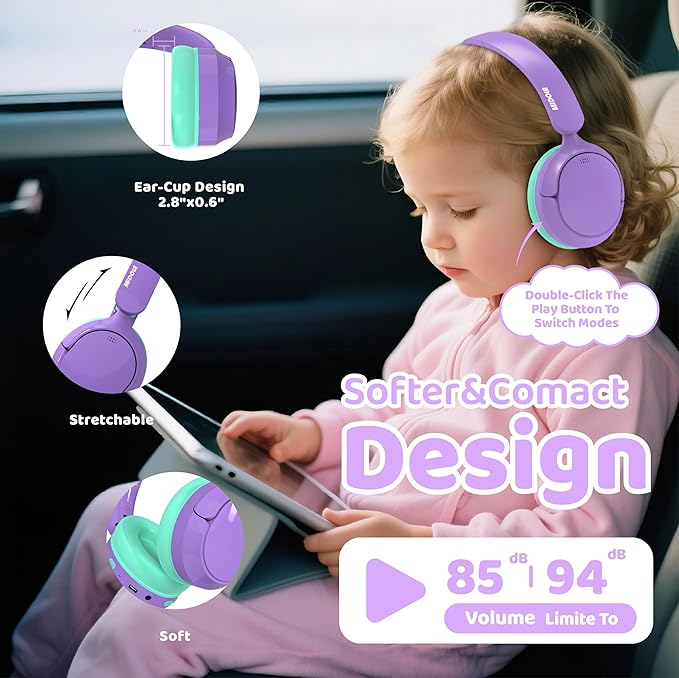 MIDOLA Active Noise Cancelling Kids Headphones Bluetooth 5.4 Wireless Volume Limited 85/94dB,Type C Fast Charging,Over Ear Foldable with Mic Aux Cord for Toddler Child Pad Tablet Purple