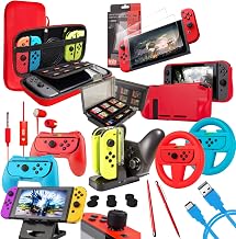 Orzly Accessories Bundle Compatible with Nintendo Switch & OLED Case & Screen Protector, Joycon Grips & Racing Wheels, Controller Charge Dock, Comfort Grip Case & More - Geek Pack ColorPop - Image 1