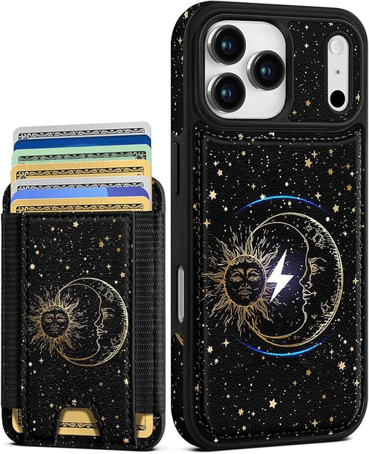 Shorogyt for iPhone 17 Pro Case Wallet - Fits 5 Cards, Compatible with Magsafe Detachable Magnetic Credit Card Holder Leather Cardholder Cute Phone Cover Women Girls for Apple 17Pro, Sun Moon