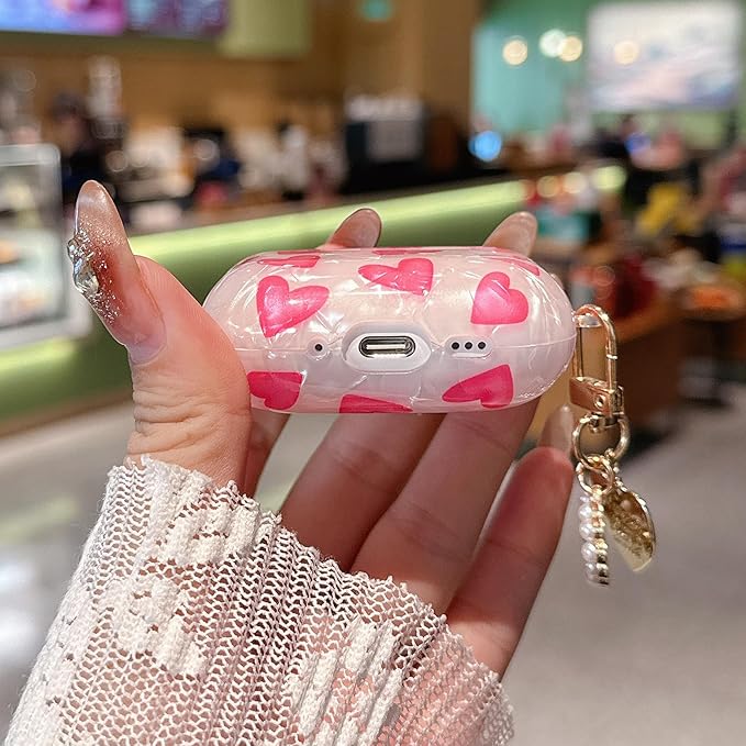 Compatible with Airpods Pro 2nd Generation Case Cute for Girls Women Romantic Love Shell Pearl Protective Cover with Keychain for Airpod Pro 2 Case (Hot Pink Hearts)
