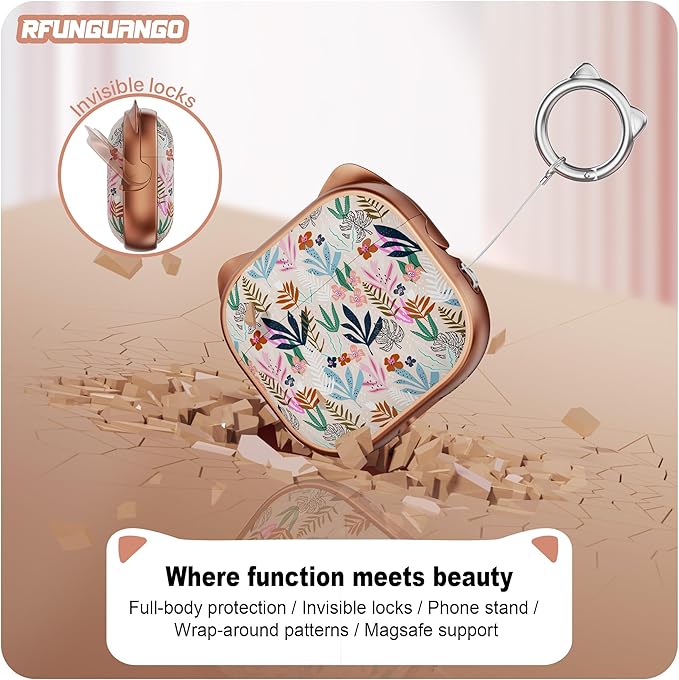 RFUNGUANGO AirPods 4 Case for Women Girly Cat Case with Lock, Phone Stand, Keychain & Cleaner Kit, Compatible with Apple Airpods 4th Generation Case Cover, Rose Gold Leaf