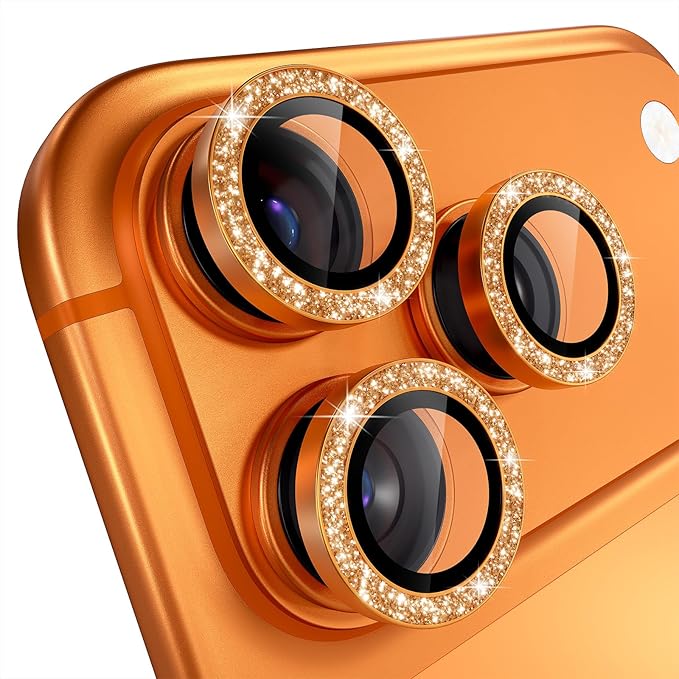 Misea Compatible for iPhone 17 Pro/iPhone 17 Pro Max Camera Lens Protector Bling, 9H Tempered Glass Camera Cover Screen Protector Metal Individual Ring Decoration Accessories, Orange Glitter