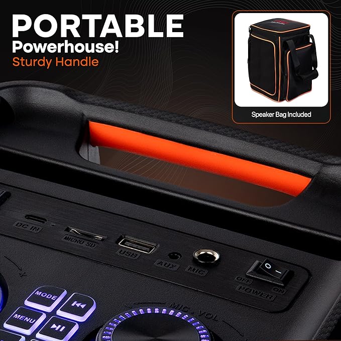 Pyle Party Speaker - 100W Bluetooth PA Karaoke Speaker with 8" Woofer, Features Echo, Bass & Treble Control, USB/SD/BT/FM Radio, MIC in, LED Lights, for Events, Home & DJ Use