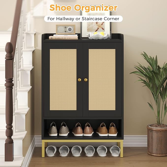 JASIWAY Rattan Shoe Cabinet Storage for Entryway, Shoe Cabinet with Adjustable Shelves for Entryway, 5-Tier, 20 Pair Shoe Rack Storage for Hallway, Closet, Living Room, Black