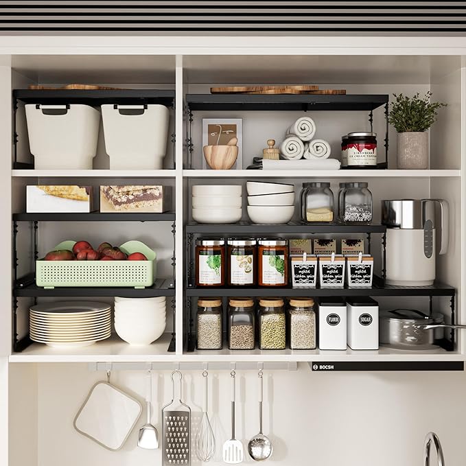 Adjustable Stackable Metal Storage Shelf Organizer - Expandable Wire Rack with Perforations for Kitchen, Pantry, Bathroom, Cabinet & Office-Compact, Durable & Sturdy (1PACK/Medium/Black)