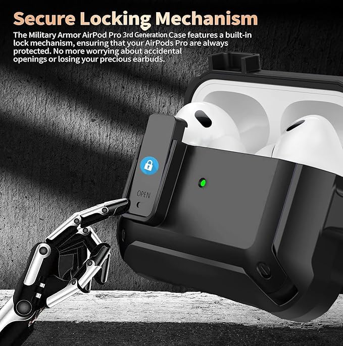 for Airpods Pro 3 Case with Lock Clip, Rugged Apple Airpods Pro 3rd Generation Cover 2025 Men Women, Armor Shockproof iPod Pro3 Gen Protective Hard Shell with Carabiner&Cleaner kit, Black