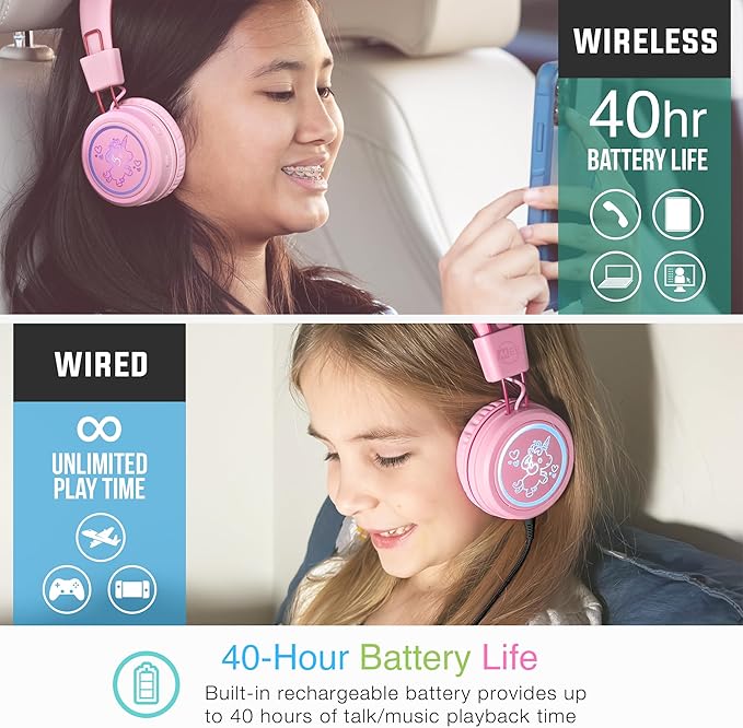 MEE Audio KidJamz KJ55BT Bluetooth Wireless Safe Listening Headphones for Children with LED Lights, 85dB Volume Limiter, Microphone, & 40h Battery; Kids Headset for School/iPhone/iPad/Tablet (Pink)