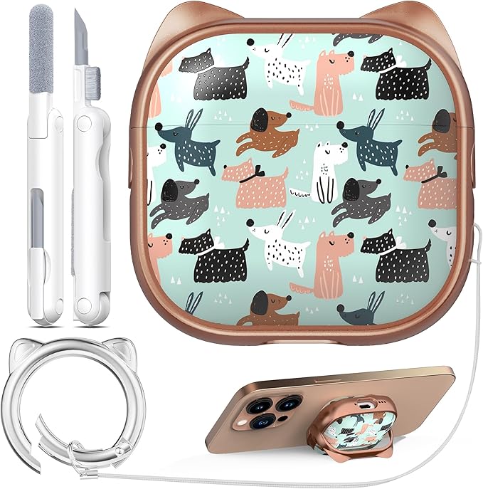 RFUNGUANGO AirPods 4 Case for Women Girly Cat Case with Lock, Phone Stand, Keychain & Cleaner Kit, Compatible with Apple Airpods 4th Generation Case Cover, Rose Gold Dog