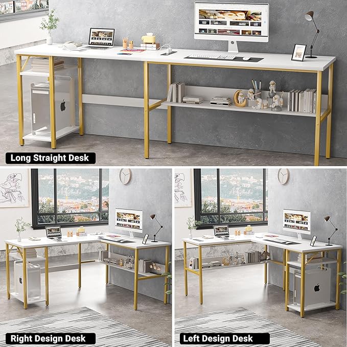 Unikito Reversible L Shaped Desk with Magic Power Outlets and USB Charging Ports, Sturdy Corner Computer Desk with Storage Shelves, Gaming Table Home Office Desk, Easy to Assemble, White and Gold