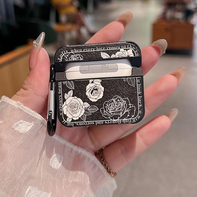 for AirPod 4 Case for Women Girls Cute Retro Flower Design with Keychain PU Leather Squre Shockproof Protective Cover Compatible with AirPods 4th Gen Case (Retro Rose Black)