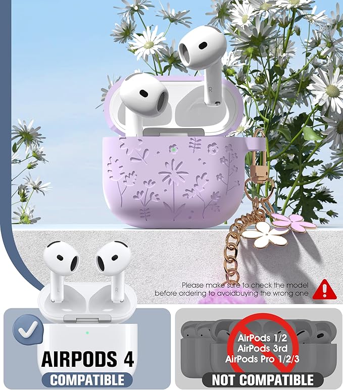Seltureone Compatible with AirPods 4 Case Cute with Cherry Blossom Keychain and Cleaning Kit, Soft Silicone Shockproof Flower Engraved Cover Compatible with AirPod 4 Case Cover - Light Purple