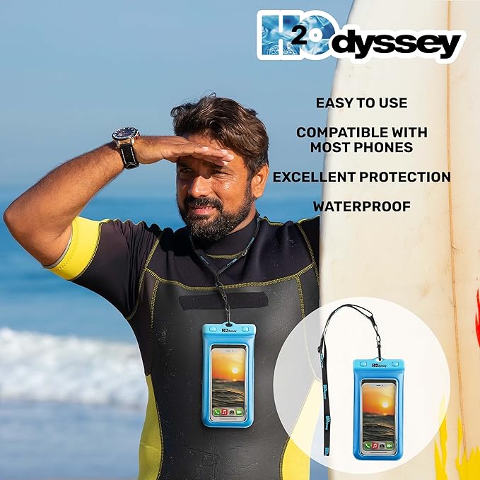 H2ODYSSEY Waterproof Phone Case and Lanyard - Excellent Waterproof Protection - Floats in The Water -Lanyard for Beach Kayak Travel - Universal Size - Blue
