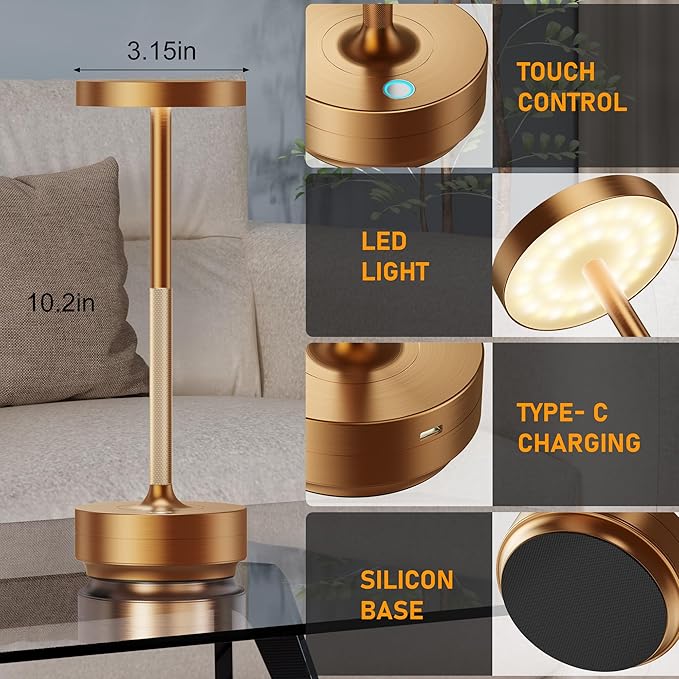 SAKRINGT Rechargeable Cordless Table Lamp - Battery Operated LED Portable Table Light with 3 Color Stepless Dimming, Memory Function - IP54 Waterproof for Outdoor, Restaurant, Patio, Camping