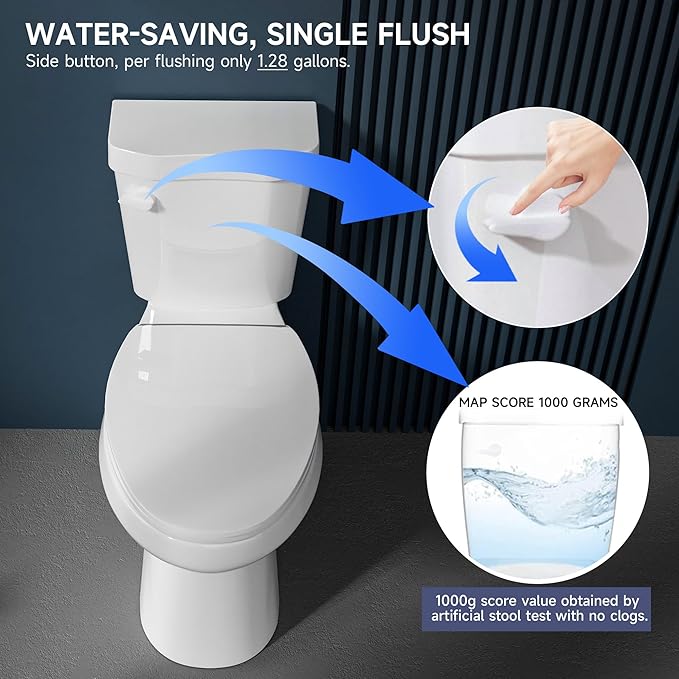 Elongated Tall Toilet 19 Inch for Bathroom 1.28 GPF Tornado Single Flush - Two Piece Comfort ADA High Toilet for Seniors, 19 Inch Bowl Height 20 Inch Seat Height, 12" Rough In, White