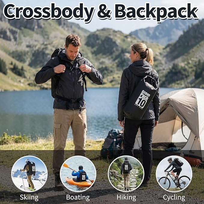 kullder Waterproof Dry Bag 10L, Roll Top Closure Black Water Proof Backpack, Heavy Duty Hunting Backpack, Durable Floating Dry Bag for Kayaking Boating Hiking with 7" Black IPX8 Waterproof Phone Case