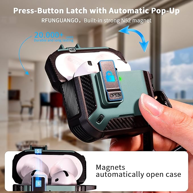 RFUNGUANGO Compatible AirPods 4th Generation Protective Case with Phone Holder and Compatible Back Magnetic Suction Function, Suitable for AirPods 4th Case-Green