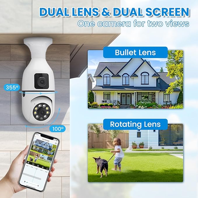 E27 Socket Security Camera, 2K/3MP Outdoor 2.4G Hz WiFi E27 Camera for Home Security, 24/7 Recording and Alarm (Dual Lens) (2)