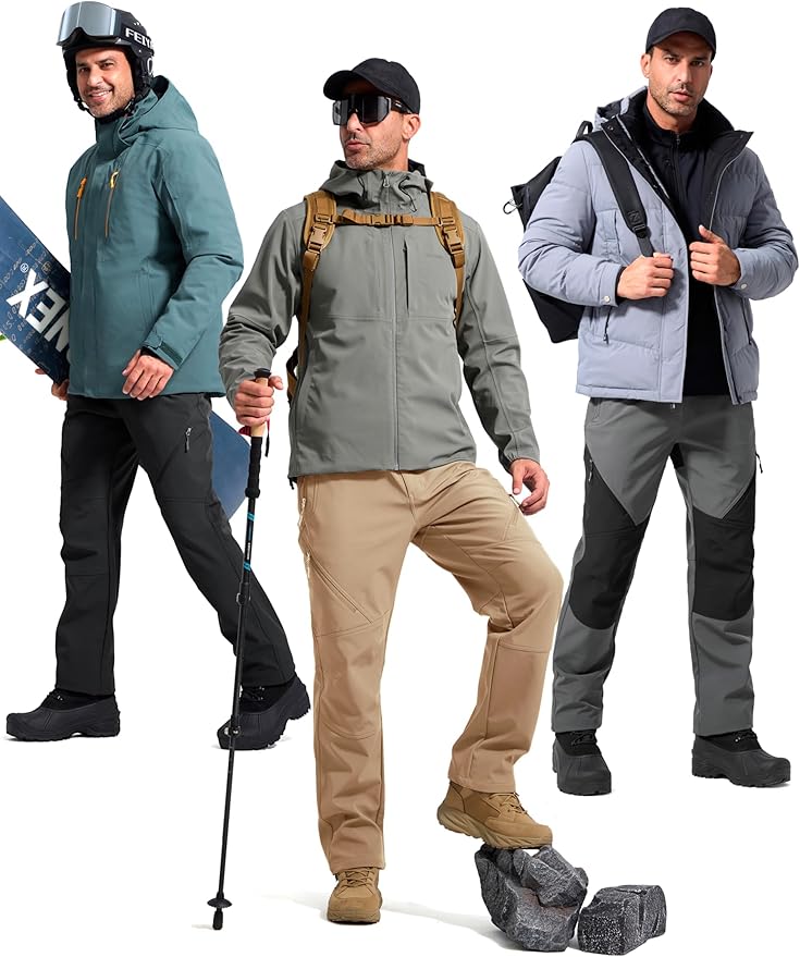 FREE SOLDIER Men's Fleece Lined Outdoor Cargo Hiking Pants Water Repellent Softshell Snow Ski Pants with Zipper Pockets