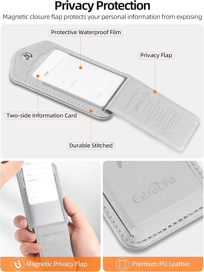 Luggage Tags, Works with Apple Find My, Leather Luggage Tag for Suitcases, Travel Tags, Bag Tag, Suitcase Tag with Privacy Flap, Anti-Lost Smart Luggage Tracker, Travel Essentials, Gray
