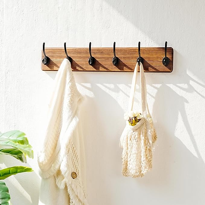 Dseap Wall Mounted Coat Rack: 24" Long, Patented, Heavy-Duty, 6-Double-Hooks Wooden Hanger Rail for Winter Coats, Hat, Jacket, Clothing - Natural & Black, Pack of 2