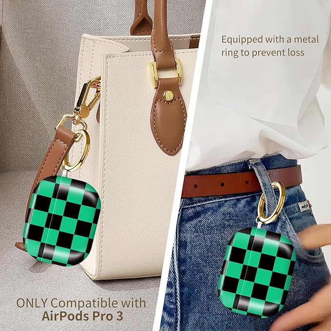 Compatible with AirPods Pro 3rd Generation 2025 Case Cover with Gold Keychain - Cute Protective Hard AirPod Pro 3 Cases for Women - Green Black Checkered