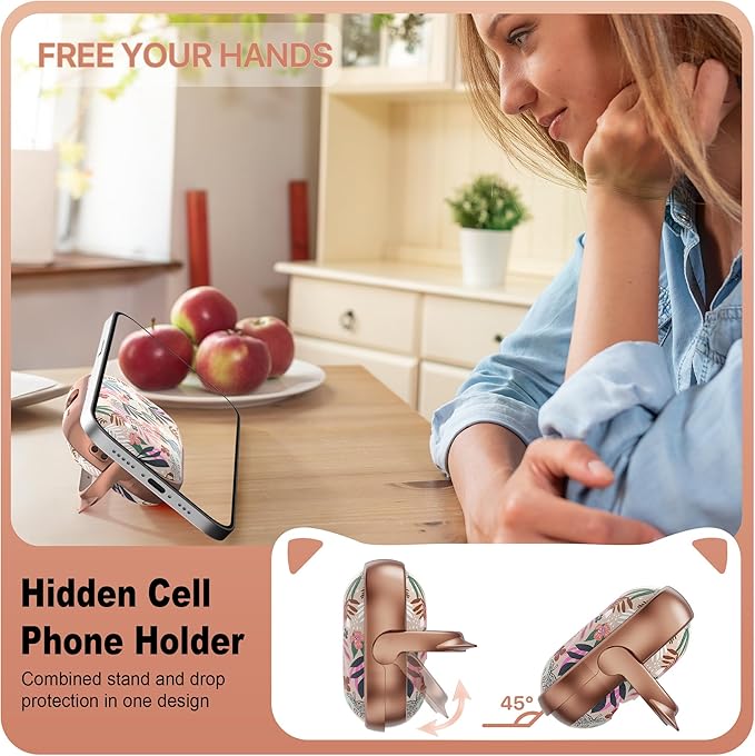 RFUNGUANGO is Compatible with AirPods Pro 3 Protective case, with Mobile Phone Holder Function, Multiple Colors Available, Suitable for AirPods Pro 3 Protective case,Rose Gold + Leaves