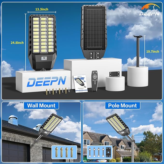 Deepn Solar Street Light, Commercial Grade Solar Lights Outdoor IP67 Waterproof, 8700W LED Flood Security Lights Motion Sensor & Dusk to Dawn Outdoor Lighting for Parking Lots, Streets & Yard, 1 Pack